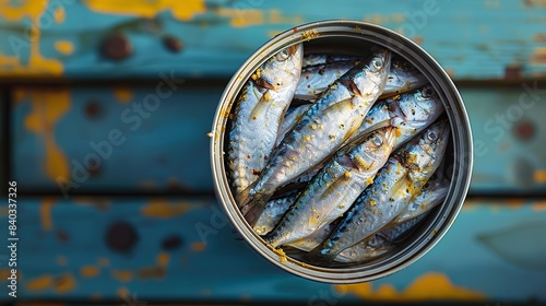 the gleaming anchovies overflow from a tin can with no lid cast in playfully playful shadows against the sharp blue and white divide.stock illustration