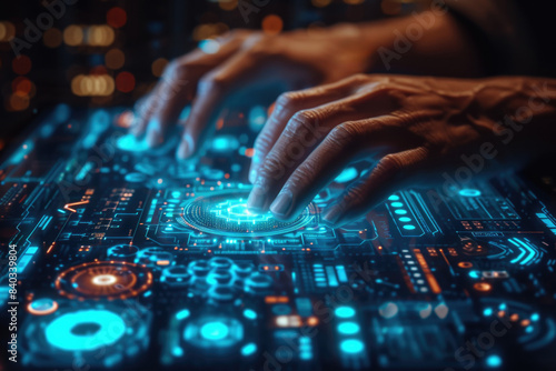 Close up of hands typing or using a futuristic holographic touch screen interface or a dj mixer with neon lights in the dark, night. Closeup of future technology vr concept background, backdrop