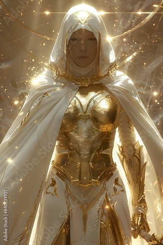Mighty Celestial Warrior Adorned in Radiant White and Golden Armor,Brandishing Gleaming Rapier Amid Celestial Brilliance