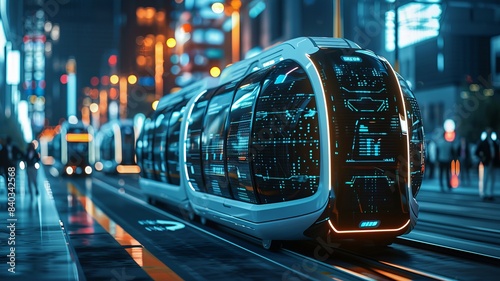 Futuristic tram in a modern city at night with vibrant lights, representing advanced urban transportation and technological innovation.