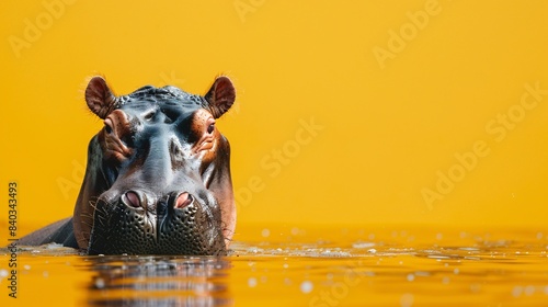 Close-Up of a Hippopotamus Emerging from Water Against a Vibrant Yellow Background, Capturing the Unique Texture and Details of the Animal's Face in a Striking and Colorful Composition