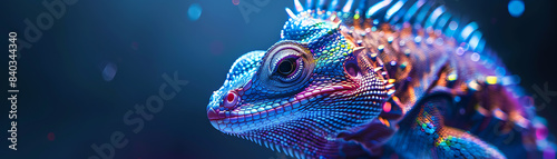 Create a close-up shot of a mystical creature with a minimalist design, featuring vibrant, iridescent scales reflecting light Utilize dramatic backlighting for a majestic effect