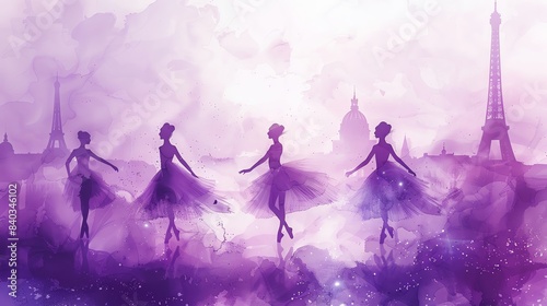 Traditional French dance with Paris 2024 backdrop, twilight, watercolor, soft hues