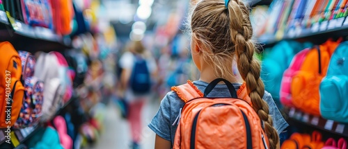 Young girl with an orange backpack shopping for school supplies in a store aisle, focusing on colorful backpacks and back-to-school essentials.