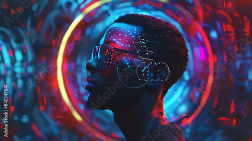 A holographic AI interface merges with a contemporary hip-hop dancer, portrayed in a diagonal profile view with a kaleidoscope background for a visually striking effect
