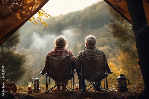 Middle aged couple enjoying harmony weekend in forest generative AI portrait