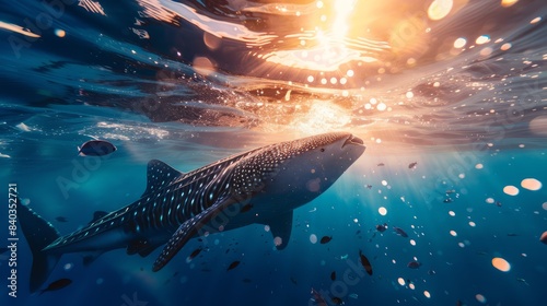 Underwater shot of a Whale Shark in blue ocean and whale looking for prey 