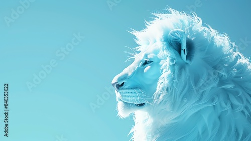This is a majestic blue lion with a white mane. The background is a gradient of light blue to white. The lion is looking to the right of the frame.