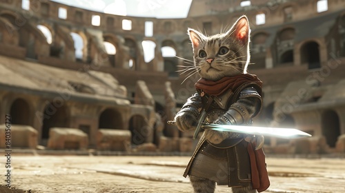 A cat in a gladiator outfit, holding a glowing sword in an ancient coliseum