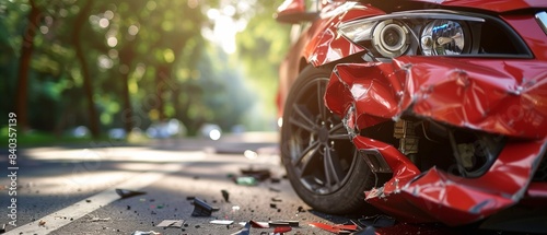 red car has been in an accident stands smashed at the kerb against an empty road. Concept of auto insurance or road safety. Generative ai