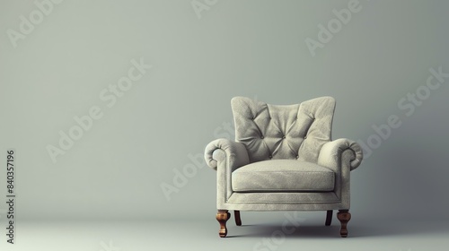 Elegant armchair with tufted backrest and wooden legs in a classic room with blank wall background.
