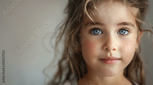 Little girl with big blue eyes looking at the camera with a slight smile on her face. She has long, curly blonde hair and a fair complexion.