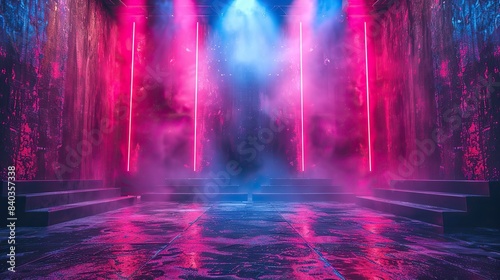 a dark background and neon lights a night view urban background with neon lights an empty stage and spotlights and rays.stock photo