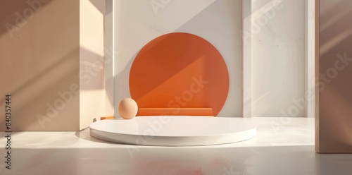 Modern round product advertising podium, booth, stage, product background, promotional event background 3D Orange Podium for Modern Product Display, Vertical Podium