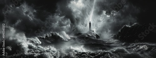 A lighthouse is in the middle of a stormy sea. The waves are crashing against the rocks and the lighthouse is barely visible. Scene is one of danger and chaos