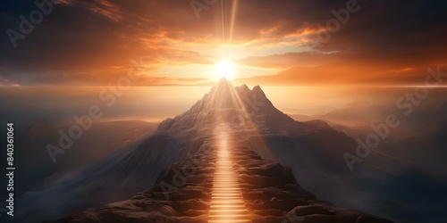 Glowing light path leads upward on mountain symbolizing journey to success. Concept Success, Mountain, Glow, Journey, Light Path