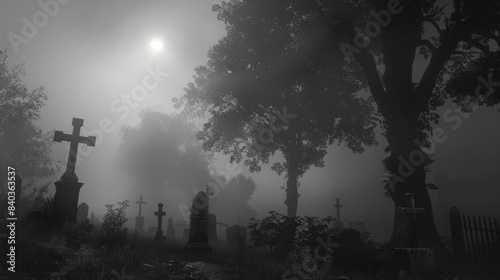 The restless spirits of the cemetery howl and moan their cries muffled by the thick swirling fog