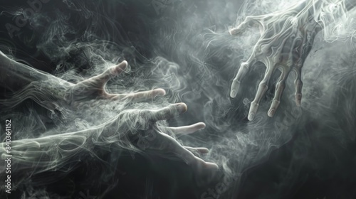 Pale and ghostly hands swathed in wispy tendrils extend into our world from a mysterious portal