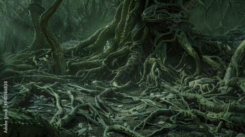 The ground was littered with gnarled roots that seemed to writhe and twist like living creatures their tips aglow with a haunting green hue