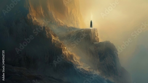 A faintly glowing figure perches on the rocky outcrop of the mountaintop its presence radiating a sense of ancient power