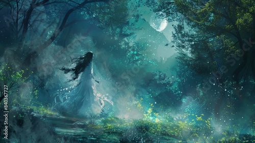 In the moonlit clearing a spectral figure dances a the wispy mist its movements hauntingly graceful as it pays tribute to the spirits of the forest