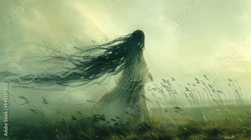 A pale spectral figure drifts through the misty marsh its long hair billowing behind it like tendrils of ethereal smoke