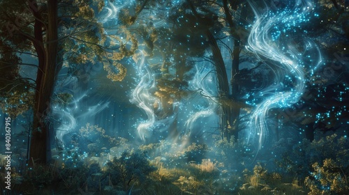 Wispy tendrils of glowing energy intertwine between the trees creating an ethereal and magical atmosphere