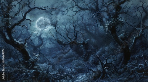 The branches of the forest twisted and contorted taking on eerie ghostlike shapes as the pale moonlight cast its eerie glow