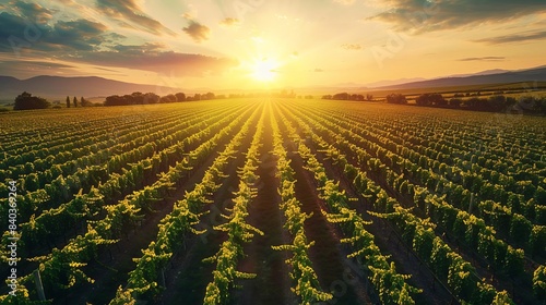 breathtaking panoramic view of summer vineyard at golden hour lush green rows at sunset