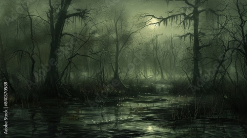 The dark ethereal mist covered the swamp like a haunting veil concealing the supernatural forces lurking within