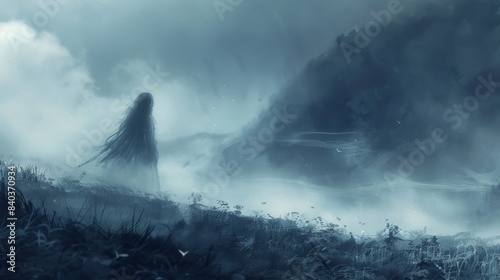 In the midst of the misty vale a ghostly figure stands its body insubstantial and hauntingly beautiful as it gazes out into the foggy expanse the wispy tendrils of its spirit stretchin