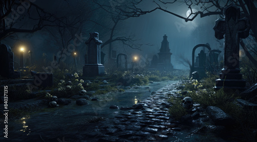 Creepy old cemetery at nigh, full moon in the background: horror and Halloween concept.