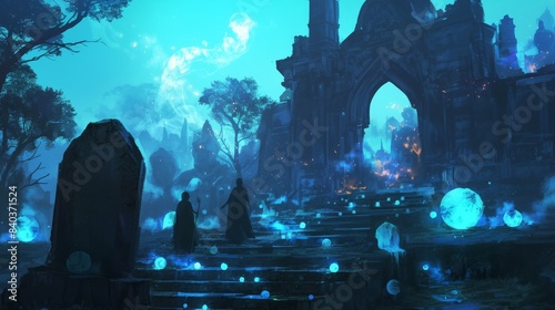 A the rows of ancient tombs the soft glow of ghostly orbs flutter and dance as if spirits are reaching out to the living