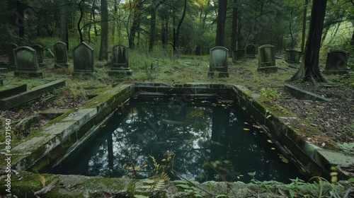 A well at the edge of a cemetery its water dark and murky believed to be cursed by the spirits of the deceased buried nearby
