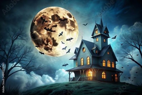 Spooky Halloween house with full moon and bats flying in the sky, Halloween style playing cards, Halloween, house, full moon