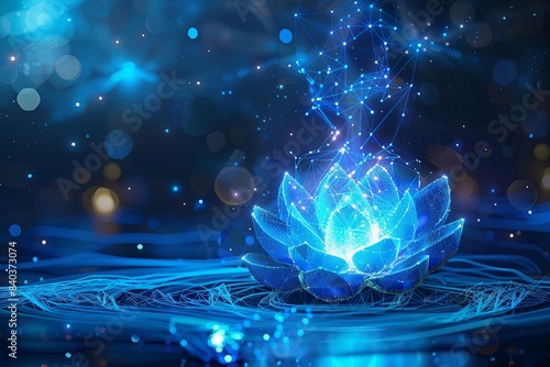A blue glowing lotus flower at the center of a vortex of wireframe connections, depicted against a low poly abstract geometric background.