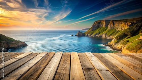 Wooden planks overlooking serene sea with rocky cliffs in distance, coastal, seascape, ocean, tranquil, peaceful, view, wooden, planks
