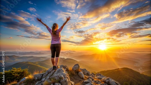Girl celebrating on mountain top at sunset , success, achievement, joy, happiness, celebration, victory, triumph