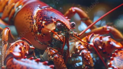 Close-up view of a lobster sitting on a rock