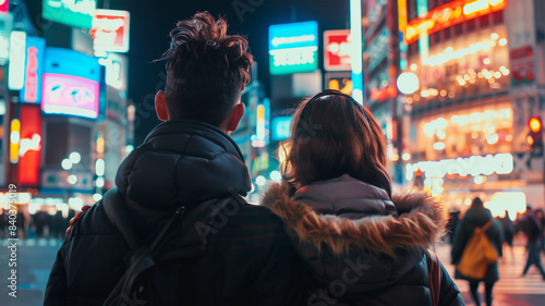 渋谷の夜を探索する西洋人カップル