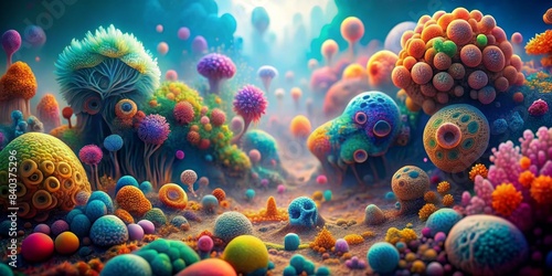 Abstract microbiology fantasy background with colorful microscopic organisms and surreal landscapes, microbiology