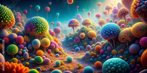 Abstract microbiology fantasy background with colorful microscopic organisms and surreal landscapes, microbiology