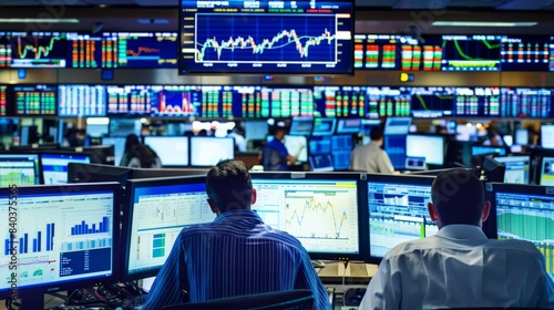 A dynamic display of stock market graphs on multiple screens in a busy trading floor environment