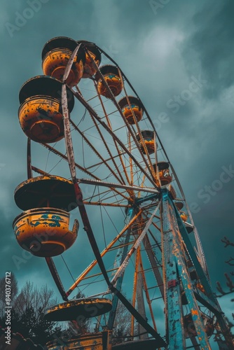 A ferris wheel standing tall against a cloudy sky, perfect for use in scenes of nostalgia, adventure or fun