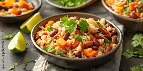 Vibrant Closeup of Red Beans and Rice with Fresh Herbs. Concept Food Photography, Close-up Shots, Red Beans and Rice, Vibrant Colors, Fresh Herbs