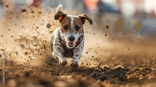 A brown and white dog runs through a dirt track, kicking up dust and mud as it races towards the finish line.