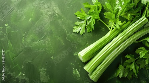 Fresh celery stalks with leaves on a textured green background, highlighting the crispness and greenery.