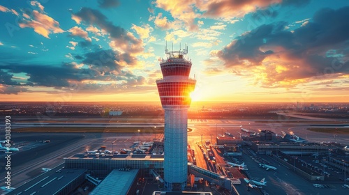 aerial dramatic photo of modern airport control tower, showing terminal buildings, depth of field, blue dynamic sky, sunny daytime, bright