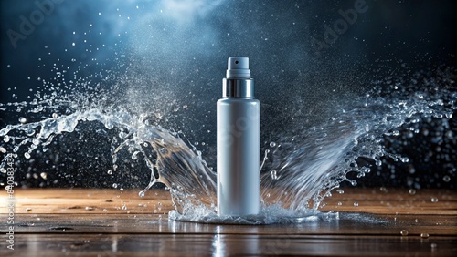 Glass bottle of cosmetics on splashes of water on a blue background - Cosmetic product - Mockup