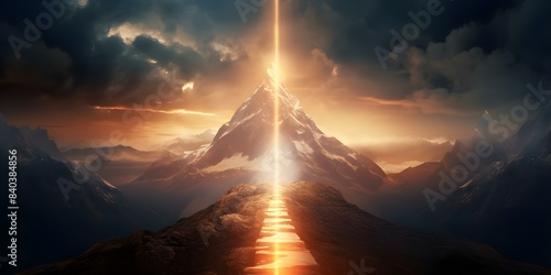 The Glowing Path to Success Symbolizing an Upward Journey on a Mountain. Concept Success, Mountain Climbing, Glowing Path, Upward Journey, Achievements